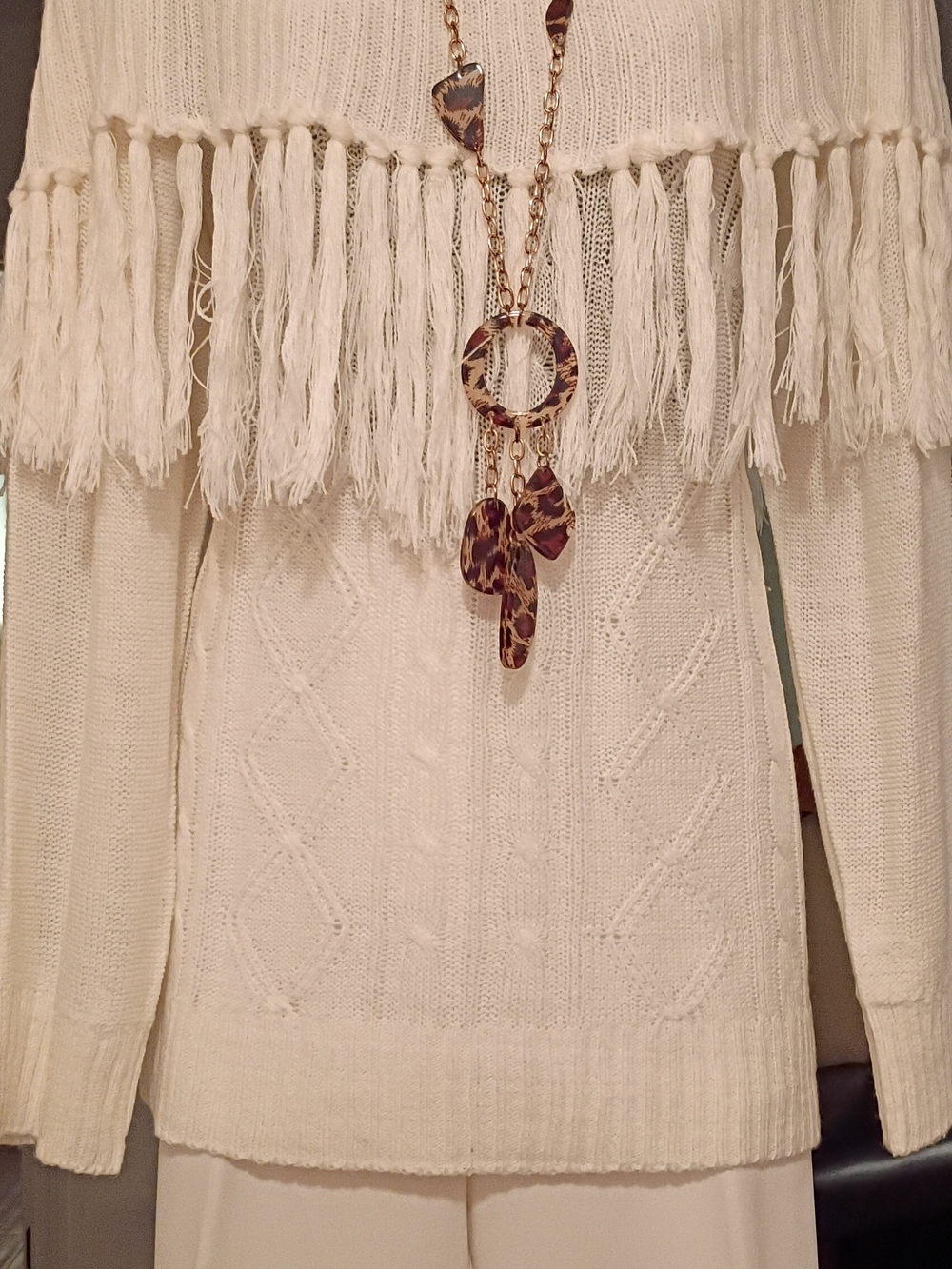 Women’s Cream Fringe Cable Knit Sweater